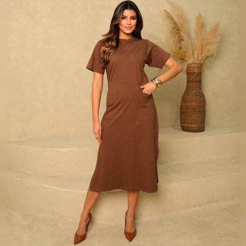 Vestido Midi Com Bolsos Algodão Casual Moderno Evangélico - Image 6