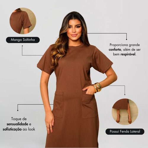 Vestido Midi Com Bolsos Algodão Casual Moderno Evangélico - Image 2