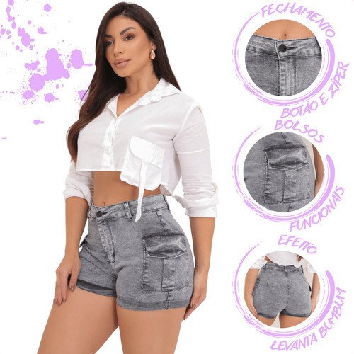 Short Cargo Jeans Feminino Cintura Alta Com Lycra Stillger - Image 5