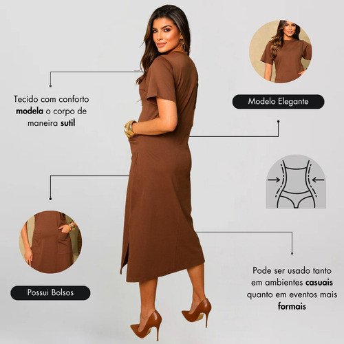 Vestido Midi Com Bolsos Algodão Casual Moderno Evangélico - Image 3