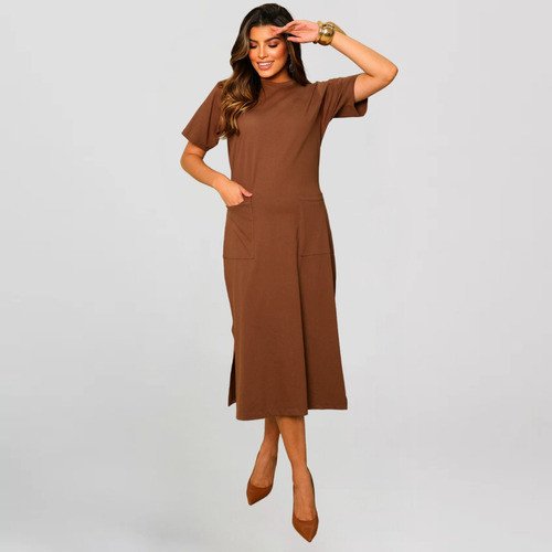 Vestido Midi Com Bolsos Algodão Casual Moderno Evangélico
