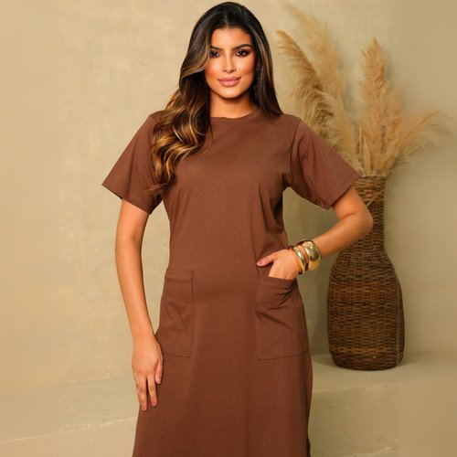 Vestido Midi Com Bolsos Algodão Casual Moderno Evangélico - Image 10